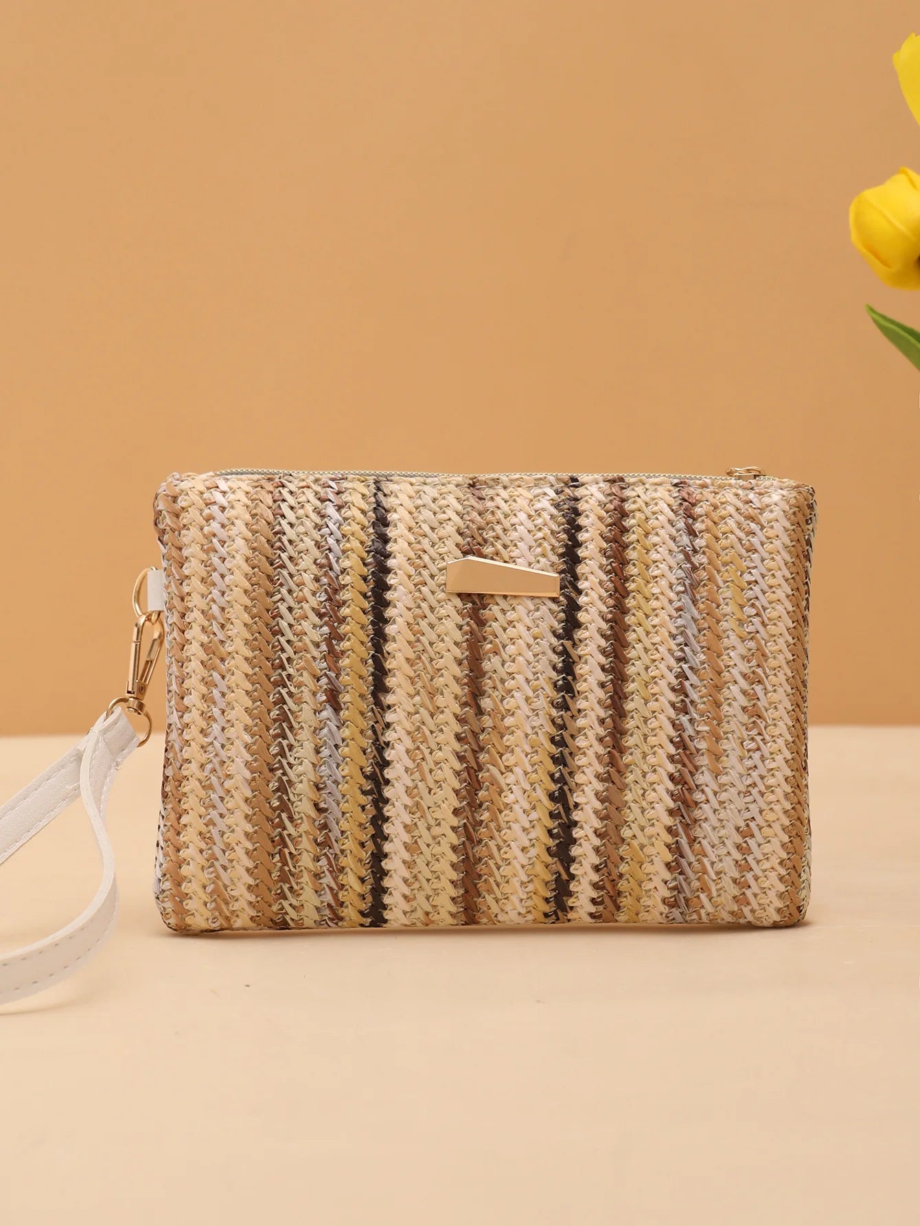 Borsa intrecciata di paglia colorata onda borsa da donna con pochette a scatto borsa da spiaggia estiva borsa intrecciata a mano borsa per cellulare portafoglio femminile