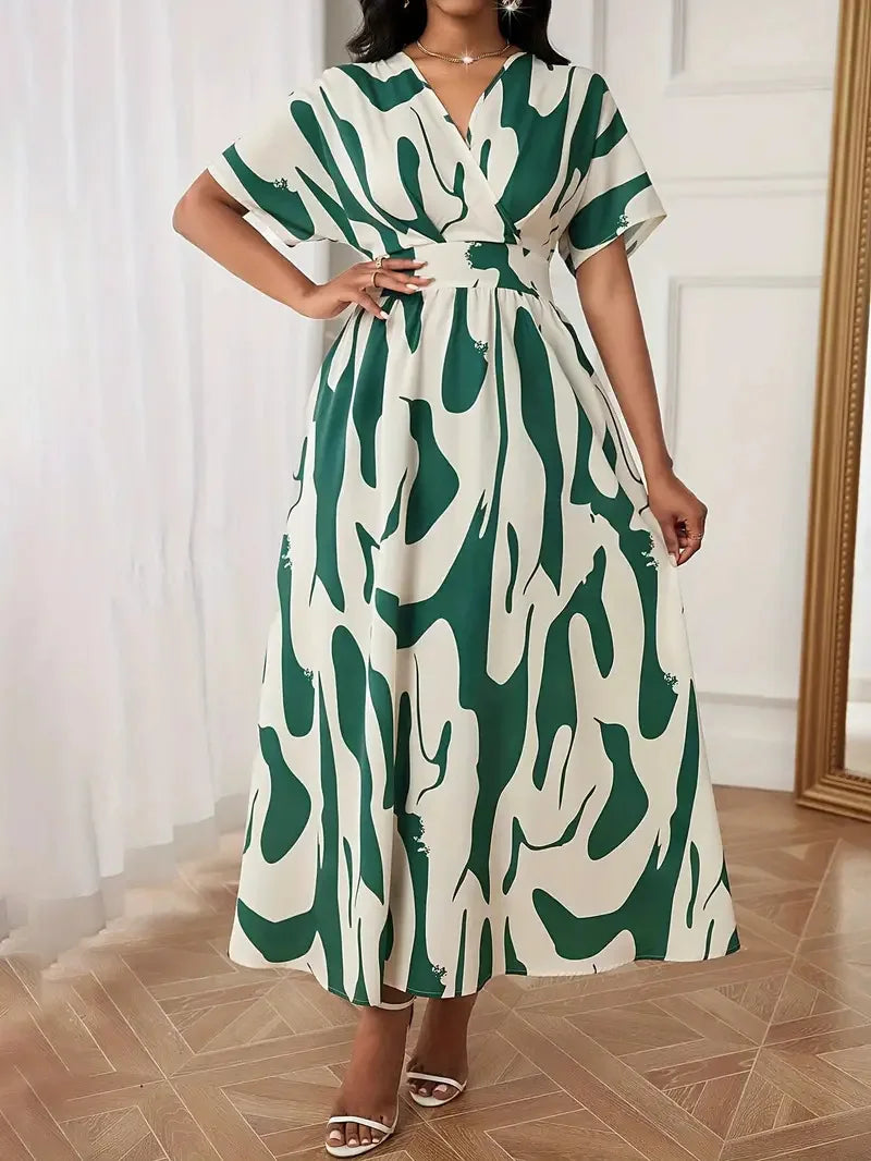 Abito longuette con scollo a V con stampa astratta verde bianco da donna Manica corta Vita alta A-Line Abiti maxi da festa casual estivi fluidi