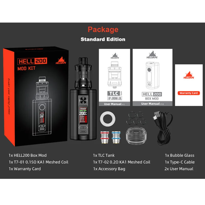 Kit originale Hellvape Hell200 Uscita 5-200 W Display LCD filettato 510 Serbatoio da 5 ml 7 modalità di uscita tramite batteria 18650 Sigaretta elettronica