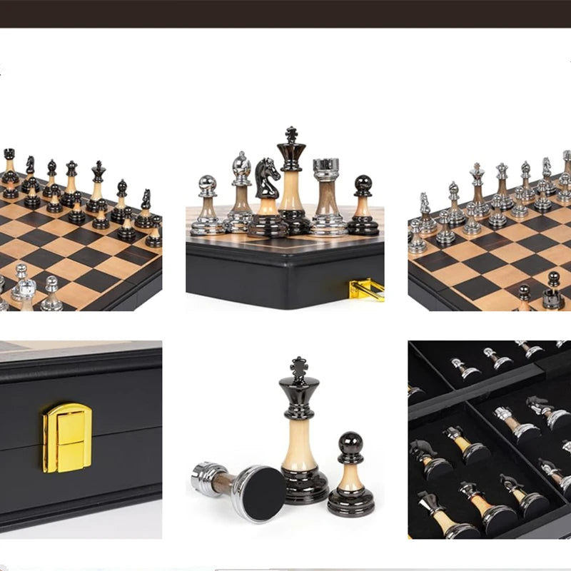 Set di scacchi 45 cm/17,7 pollici, grande scacchiera in legno massello Eewood, pezzi degli scacchi di alta gamma elettroplaccati + re in acrilico alto 9 cm
