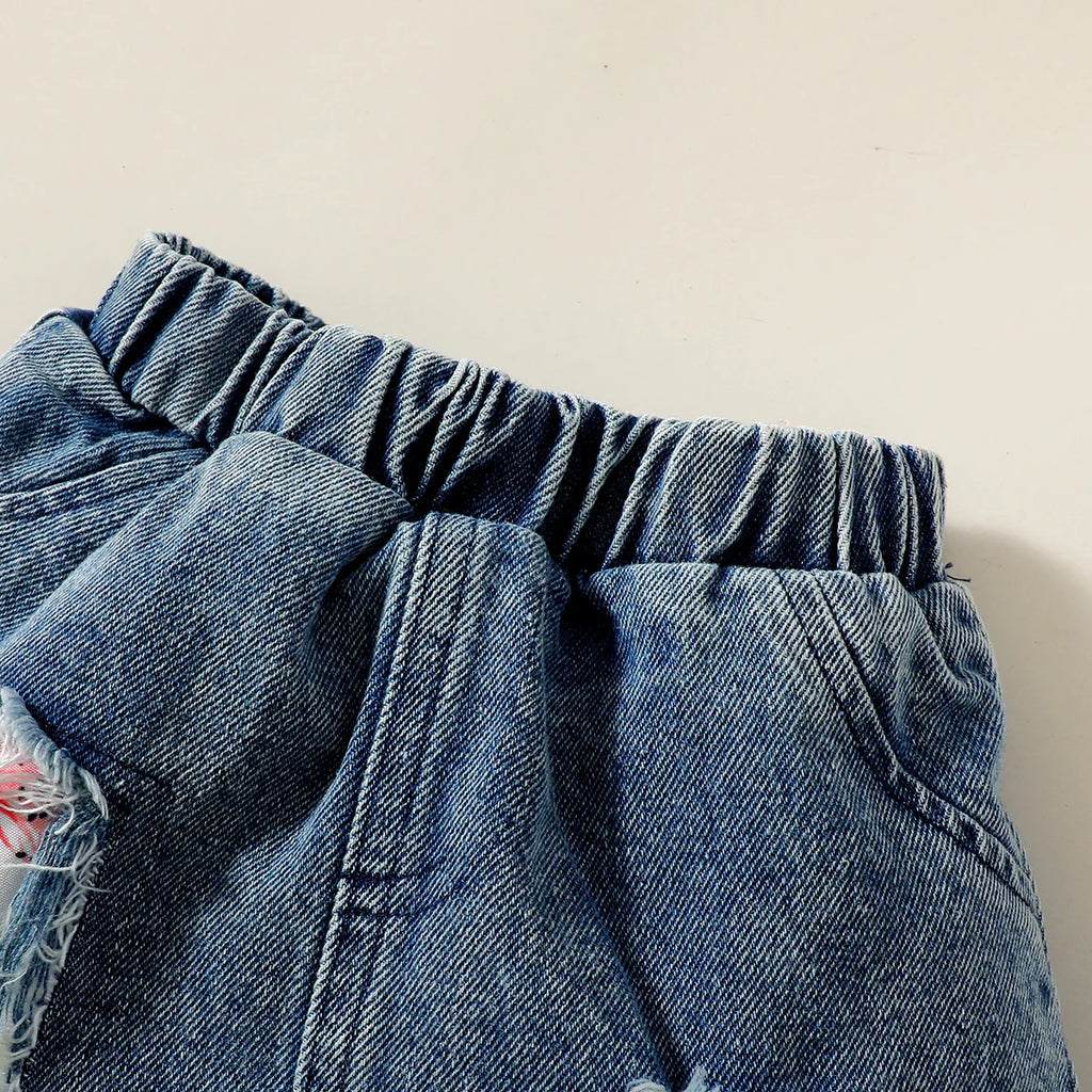 Vestito da coperta a triangolo a maniche corte con stampa di lettere estive casual per ragazze + gonna di jeans Set da due pezzi per neonato