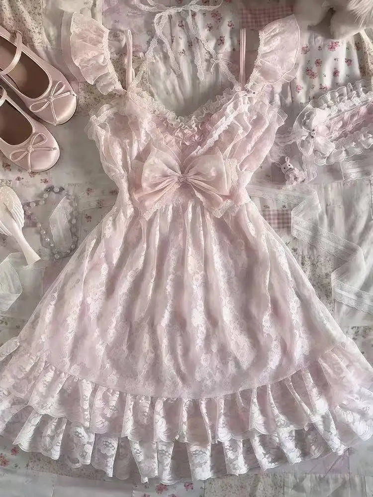 Abito stile francese dolce e carino con giunture a pois, fiocco in pizzo, abiti alla moda coreani, nuovo design, vita sottile, mini abito Y2k da donna