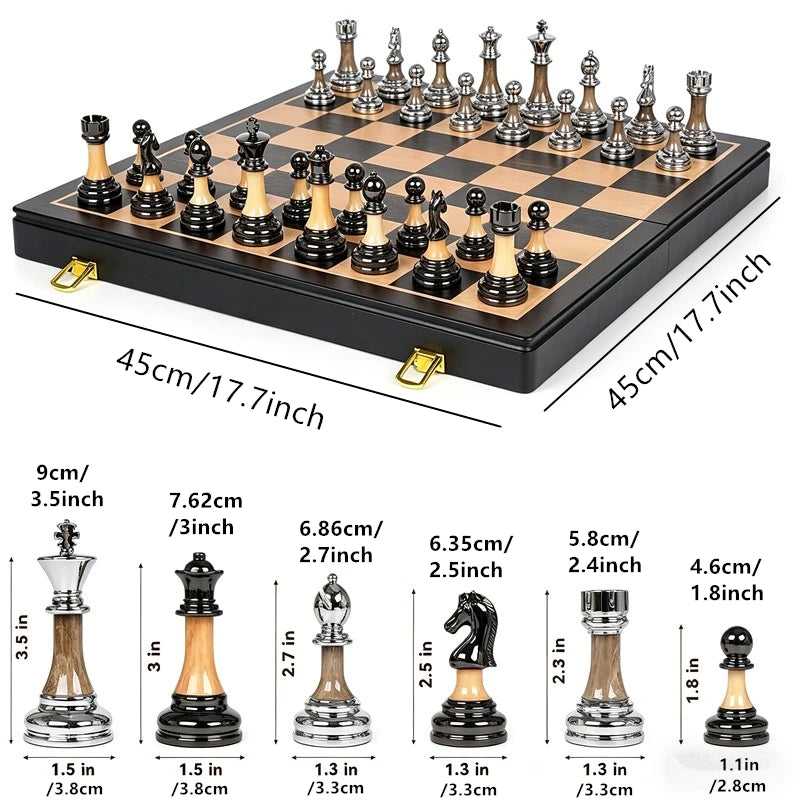 Set di scacchi 45 cm/17,7 pollici, grande scacchiera in legno massello Eewood, pezzi degli scacchi di alta gamma elettroplaccati + re in acrilico alto 9 cm