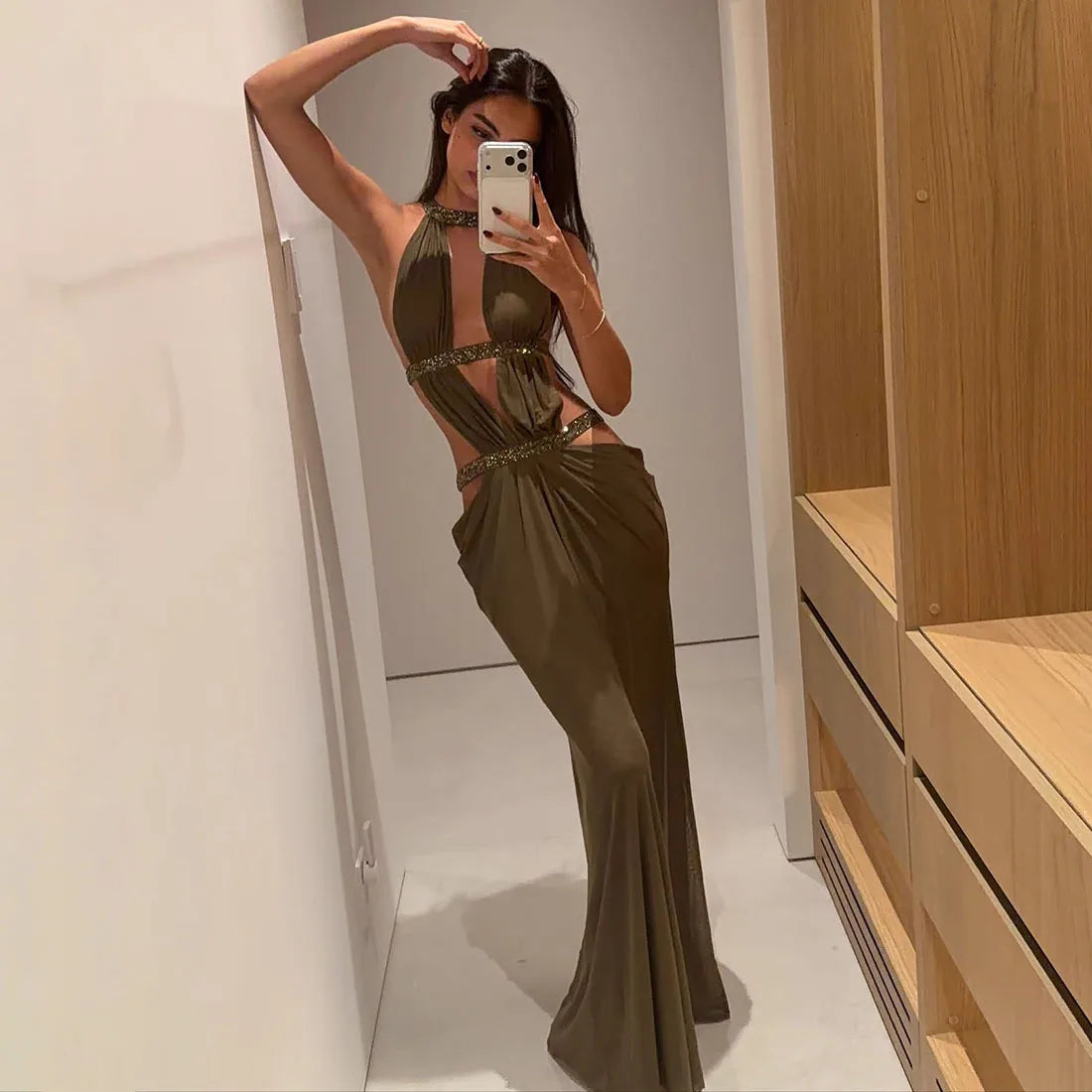 Abito lungo da donna sexy Halter scava fuori senza schienale senza maniche increspato abiti lunghi da sera Party Chic Robe verde viola estivo