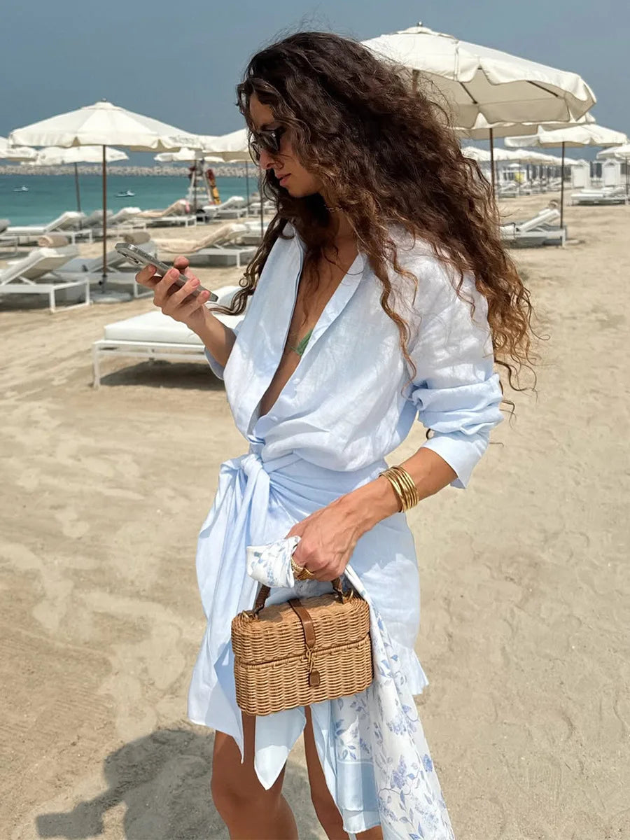 Abito chemisier casual da donna tinta unita con lacci, estivo, con risvolto, maniche lunghe, bottoni, mini abito plissettato, copricostume da spiaggia, outfit per vacanze 2026