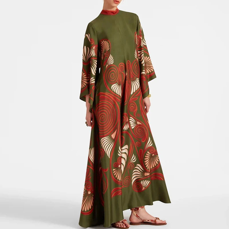 Elegante Abito Lungo a Maniche Lunghe per Feste, Vestito Vintage con Stampa Floreale, Abito Bohémien da Donna con Collo Alto e Vita Alta