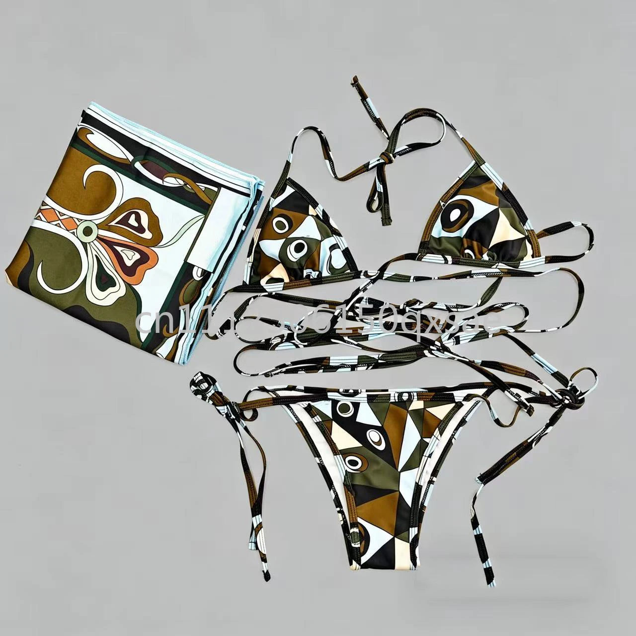Costumi da bagno da donna rosa con foulard e logo a lettere, set bikini con foulard e fascia per capelli, abbigliamento da spiaggia