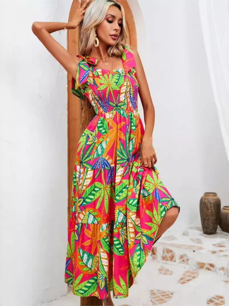 Abito da donna floreale con stampa estiva Abito lungo allentato casual elegante con cinturino per spaghetti per le donne Nuovo abito da festa per le vacanze