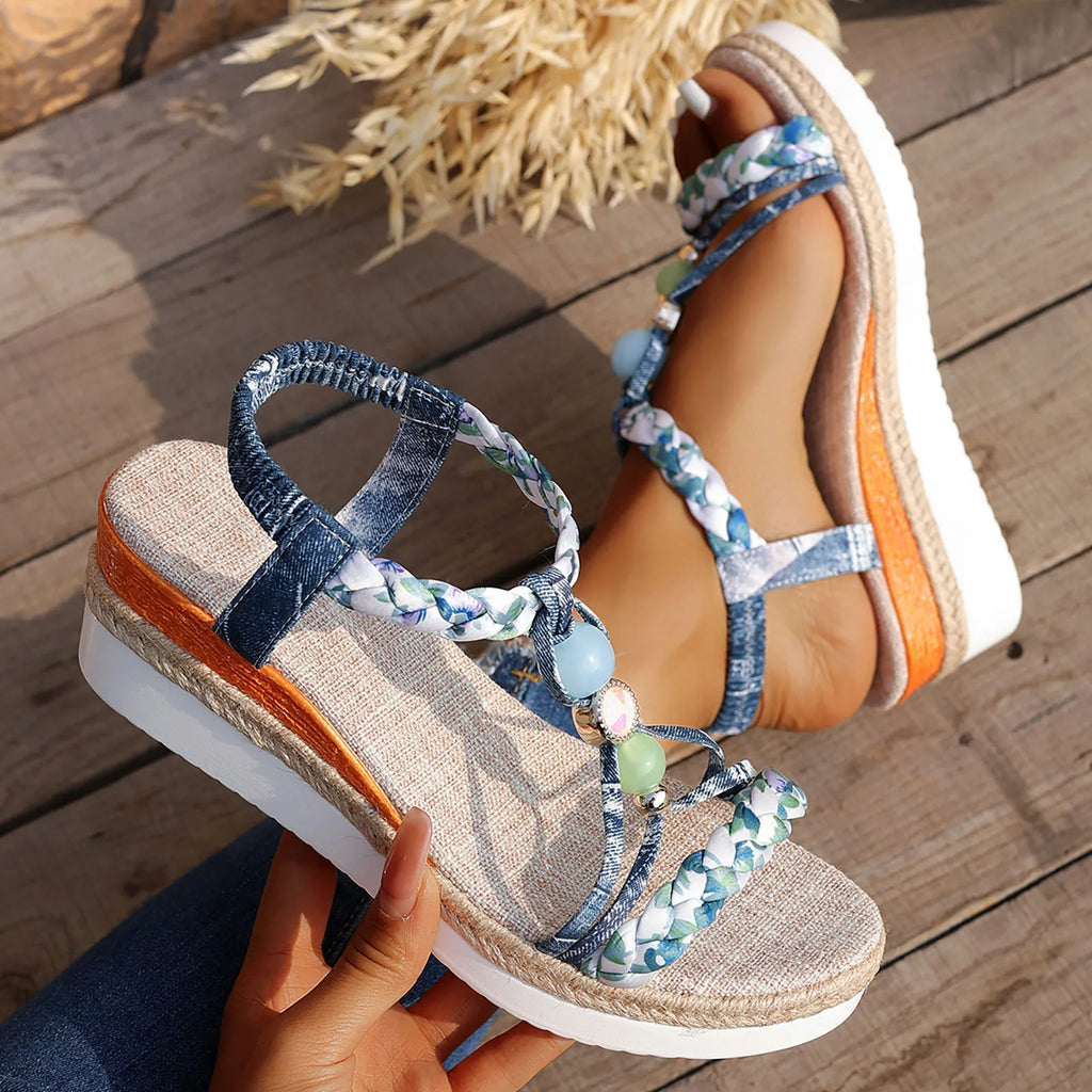 Sandali alla moda da donna con zeppa intrecciata e stampa colorata, comodi e traspiranti, scarpe da spiaggia per le vacanze.
