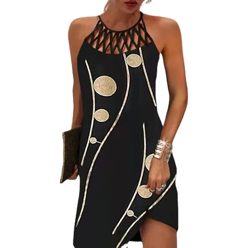 Abito Boho sexy per donna Mini abito da spiaggia Abito alla moda Donna Estate senza maniche Hollow Elegante abito da festa Stampa Vestido 2023