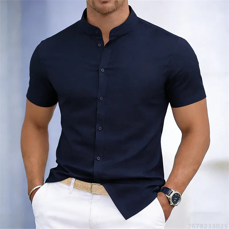 Camicia da uomo a maniche corte con colletto rialzato, bianca o nera, tinta unita, vestibilità slim, top da uomo business casual, taglie XS-6XL.