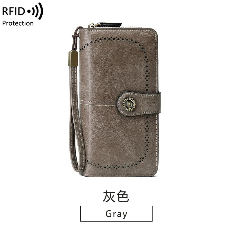 Borsa a mano in pelle cerata con blocco RFID, porta carte di credito multifunzionale a doppia piega, portafoglio da donna lungo retrò di grande capacità