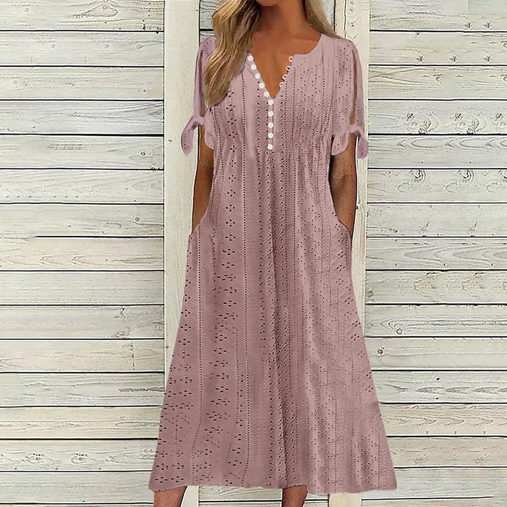 Abito Midi Estivo da Donna Boho con Occhielli e Spalle Scoperte, Maniche Corte, Scollo a V, Bottoni, Vestibilità Ampia, Stile Casual a Trapezio con Tasche