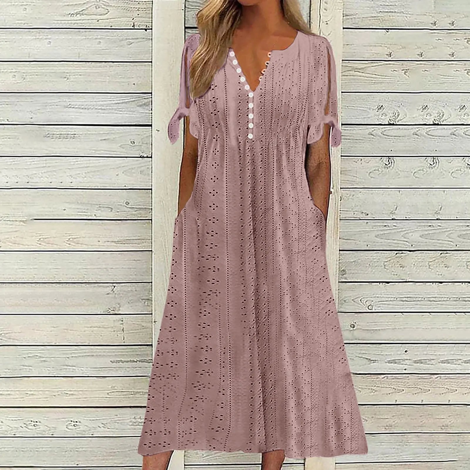 Abito Midi Estivo da Donna Boho con Occhielli e Spalle Scoperte, Maniche Corte, Scollo a V, Bottoni, Vestibilità Ampia, Stile Casual a Trapezio con Tasche