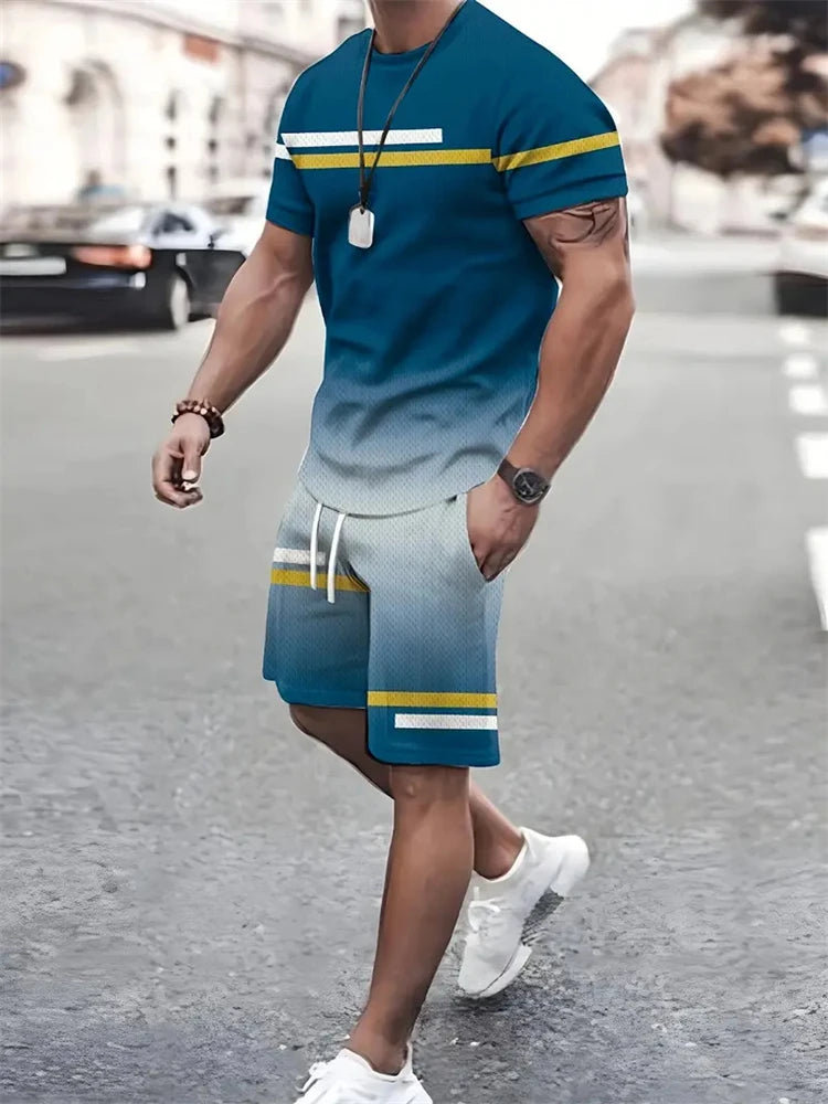T-shirt a maniche corte con stampa a righe da uomo estiva Pantaloncini in vita elastica Set da 2 pezzi Set di pantaloncini con tasche T-shirt allentata con o-collo taglie forti