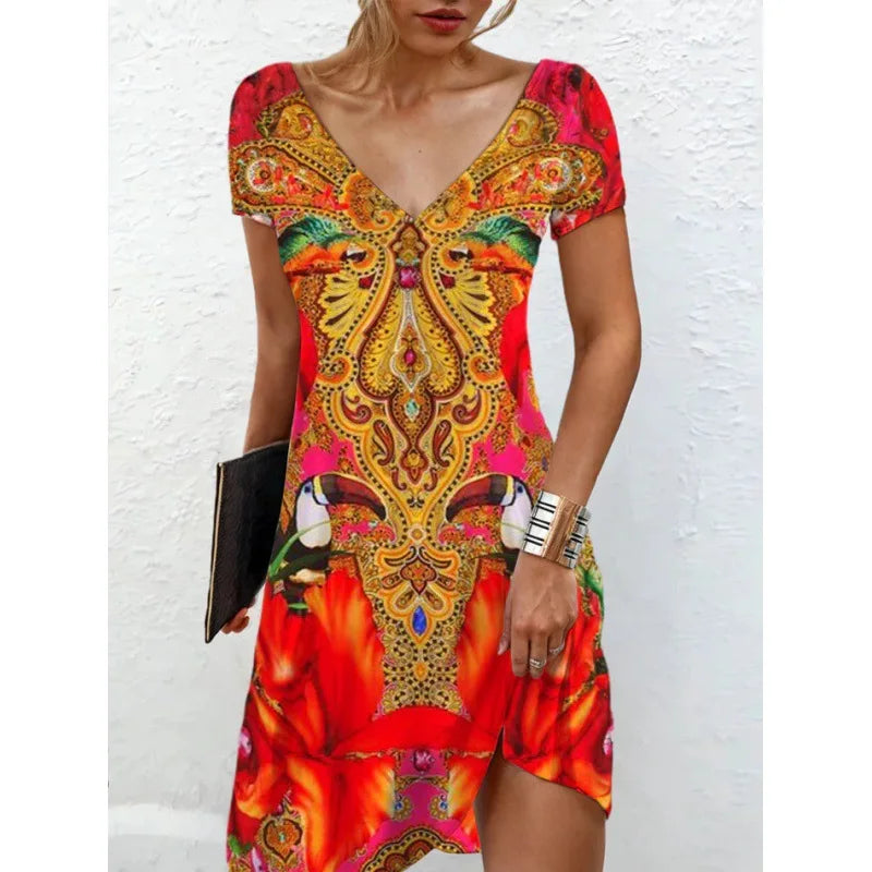 Abiti da donna 2026 estivi casual con stampa floreale e geometrica, vestito lungo a maniche corte, abbigliamento femminile, vestiti