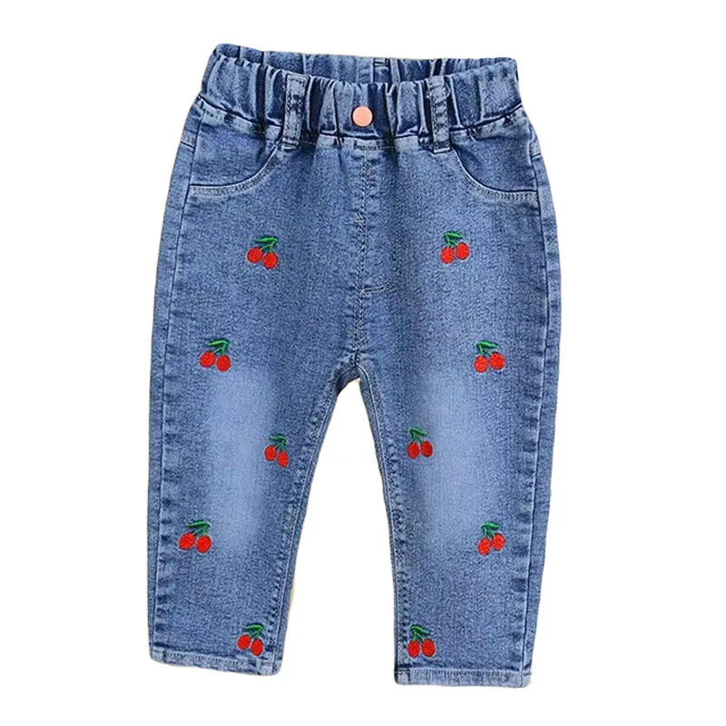 Nuovi pantaloni in denim per bambini da ragazza primavera e autunno con ricamo a fragole pantaloni elastici versatili alla moda 0-5 anni