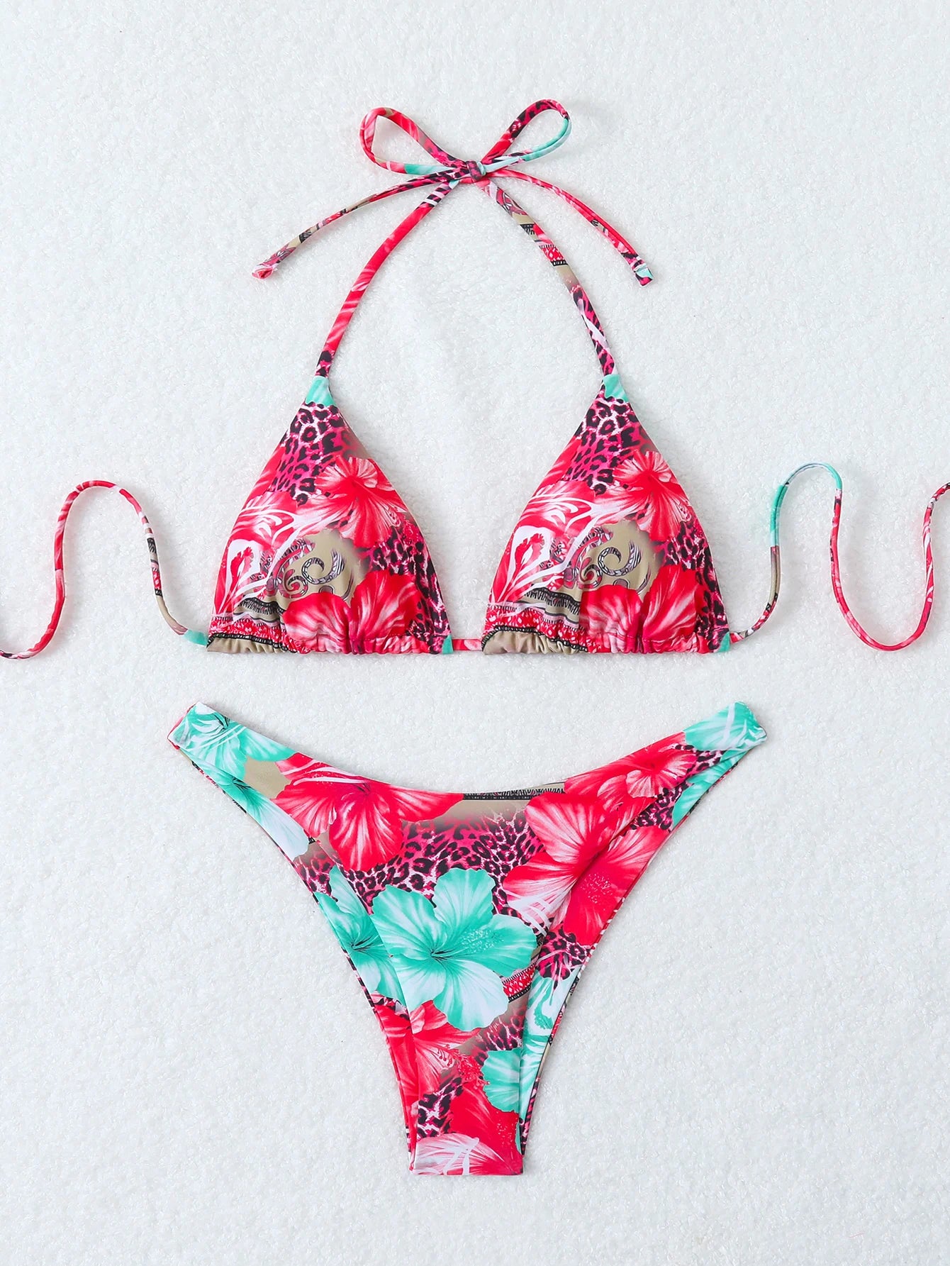 Costume da bagno estivo da donna sexy a vita alta con stampa floreale retrò in 2 pezzi con lacci