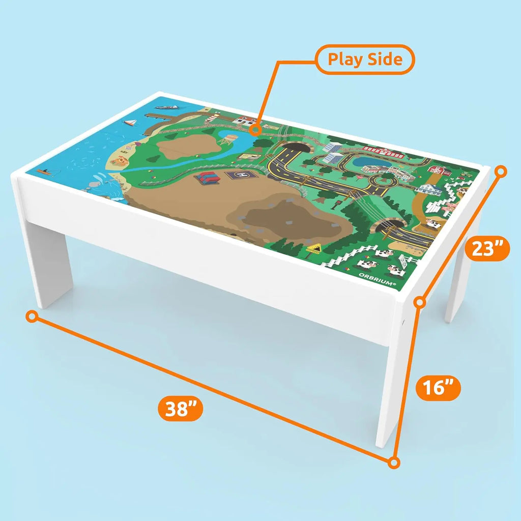 Tavolo da treno Set di treni e tavolo da attività in legno 2 in 1 - Giocattolo STEM da 112 pezzi con piano reversibile per giochi e apprendimento, contenitore portaoggetti - Età