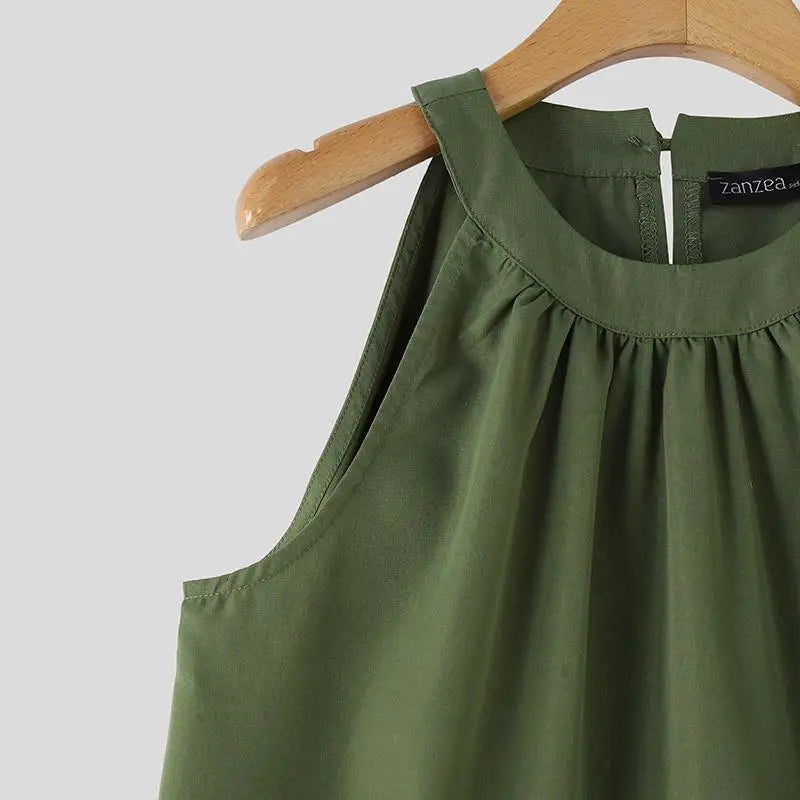 ZANZEA Abito estivo senza maniche a strati con scollo all'americana Donna Coreano con volant Patchwork Abito da spiaggia O-Collo Vestito estivo allentato Sweety Party Vestido