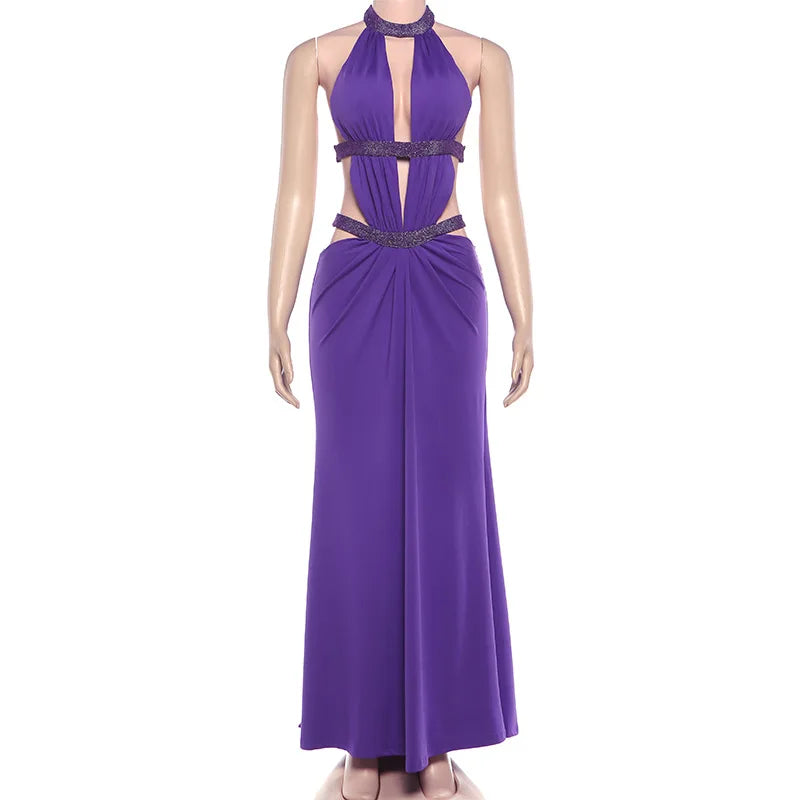 Abito lungo da donna sexy Halter scava fuori senza schienale senza maniche increspato abiti lunghi da sera Party Chic Robe verde viola estivo