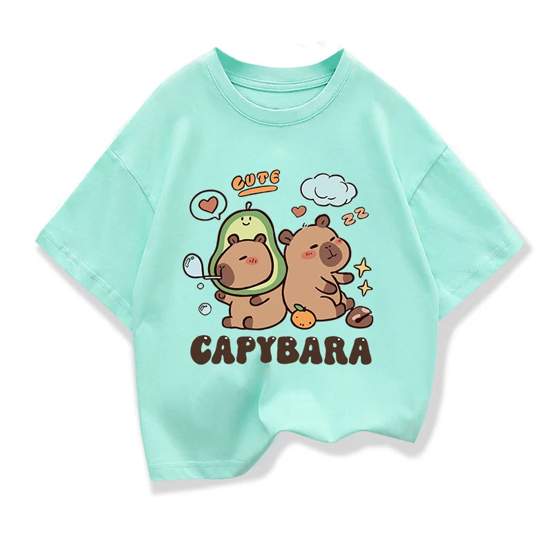 2025 Nuovi bambini Camicie Capibara Stampato Cartoon T Shirt per le ragazze Estate Stampa animale Ragazzo T Shirt Top Tees Abbigliamento per bambini