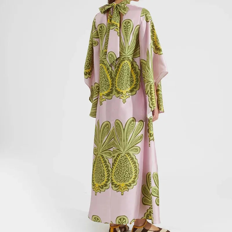 Elegante Abito Lungo a Maniche Lunghe per Feste, Vestito Vintage con Stampa Floreale, Abito Bohémien da Donna con Collo Alto e Vita Alta