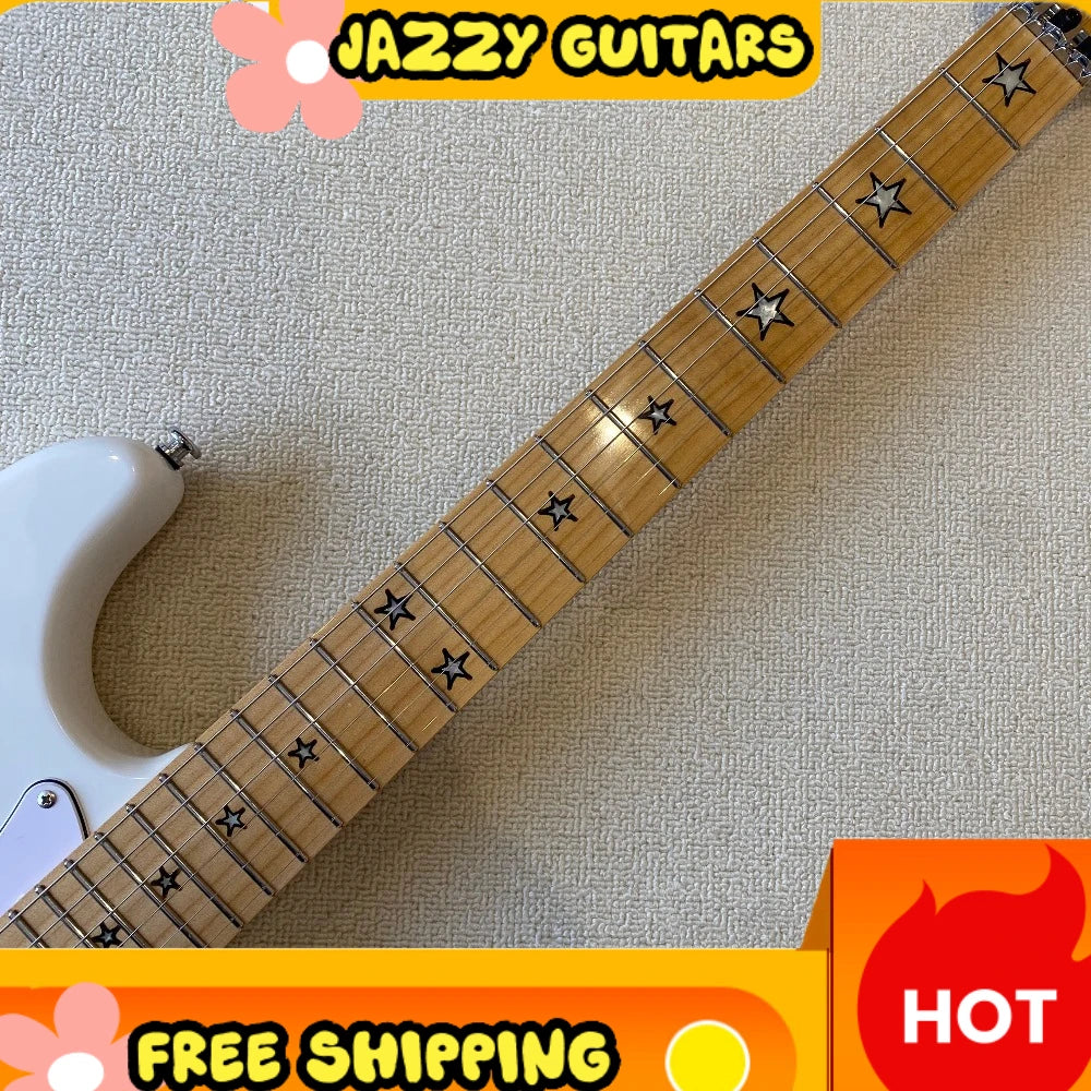 Chitarra Elettrica Bianca ST con Pickup SSH, Corpo in Ontano, Manico in Acero con Intarsi a Stella, Ponte Tremolo Floyd Rose, Spedizione Gratuita