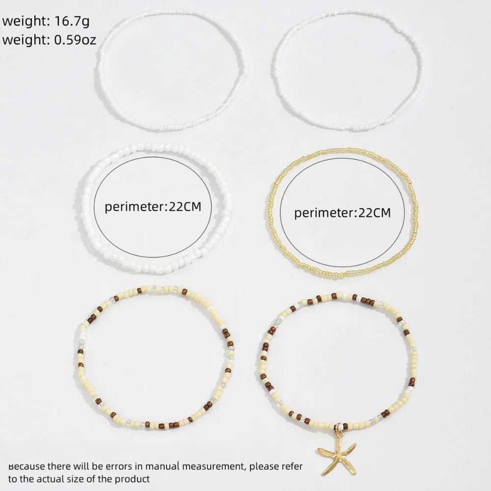 Set da 6 pezzi Cavigliera con stella marina in rilievo con sfera rotonda in acrilico da spiaggia estiva per donna Accessorio per le vacanze con gioielli multistrato di tendenza retrò