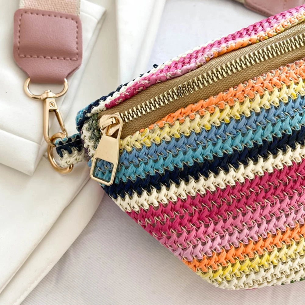 Borse a tracolla da donna a righe arcobaleno, borsa a tracolla in paglia intrecciata alla moda, casual, con tracolla regolabile, semplice e colorata, per vacanze nel fine settimana