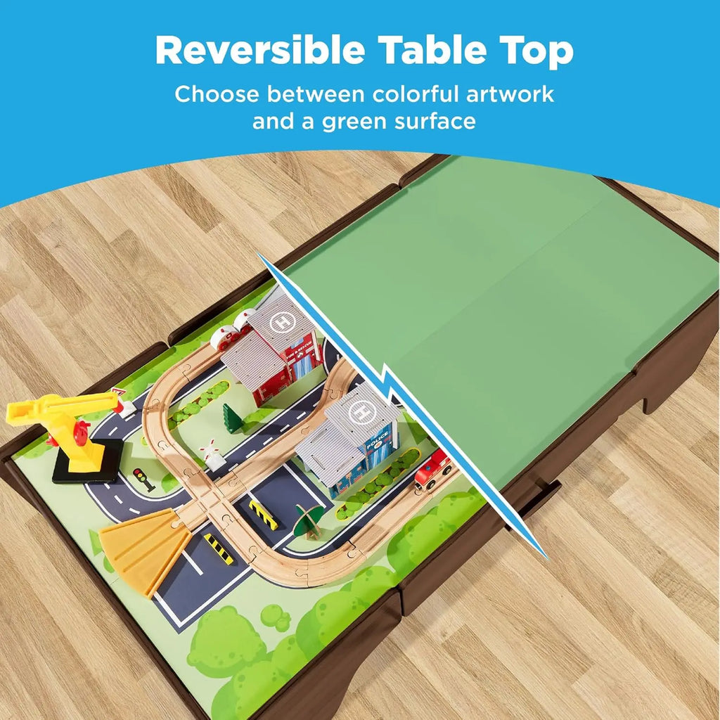 Best Choice Products Grande tavolo da treno da 50 pollici e 70 pezzi, set da gioco multiuso per attività giocattolo in legno per bambini con binari, reversibile