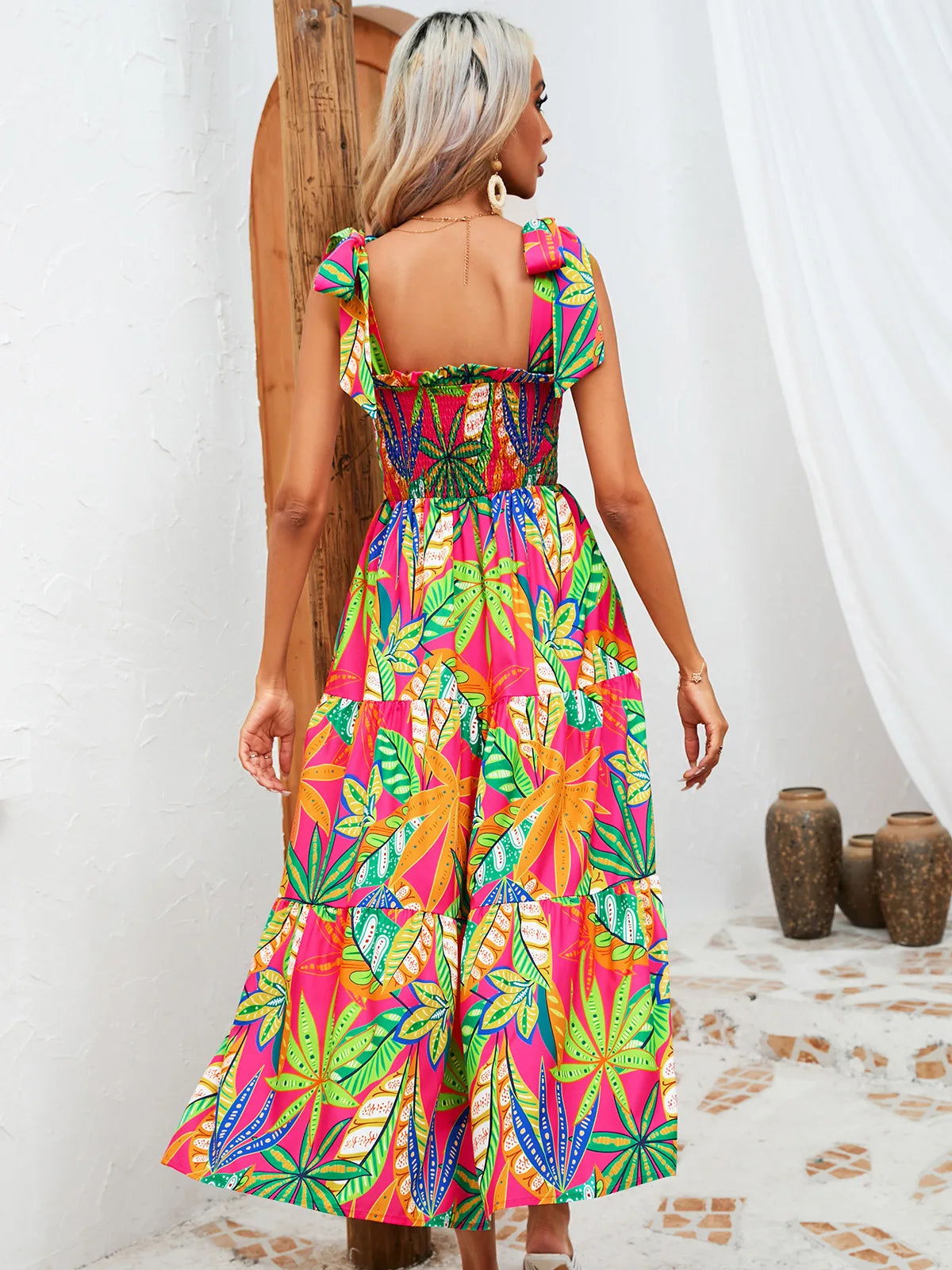 Moda Boho Abito con stampa floreale Reggicalze casual Vita alta Slim A-line Abiti lunghi con lacci Vacanza estiva Abbigliamento donna