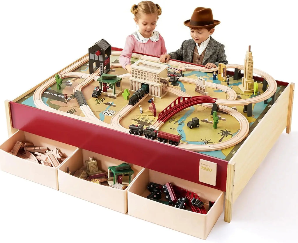 Grande tavolo da treno in legno (47,9"x35,2 Set di treni da 100 pezzi, 3 contenitori portaoggetti, set da gioco per bambini dai 3 anni in su