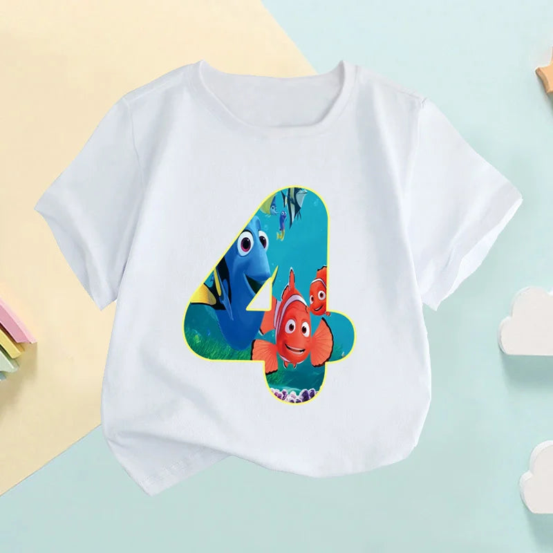 Maglietta per bambini con stampa numerica di Nemo e Dory, simpatici pesciolini, abbigliamento per bambine 1 2 3 4 5 6 7 8 9 anni, magliette per compleanno neonati e bambini, HKP2759