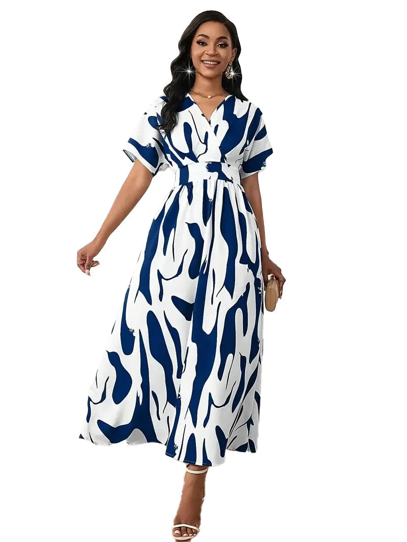 Abito longuette con scollo a V con stampa astratta verde bianco da donna Manica corta Vita alta A-Line Abiti maxi da festa casual estivi fluidi