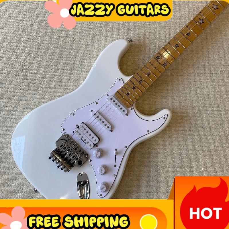 Chitarra Elettrica Bianca ST con Pickup SSH, Corpo in Ontano, Manico in Acero con Intarsi a Stella, Ponte Tremolo Floyd Rose, Spedizione Gratuita