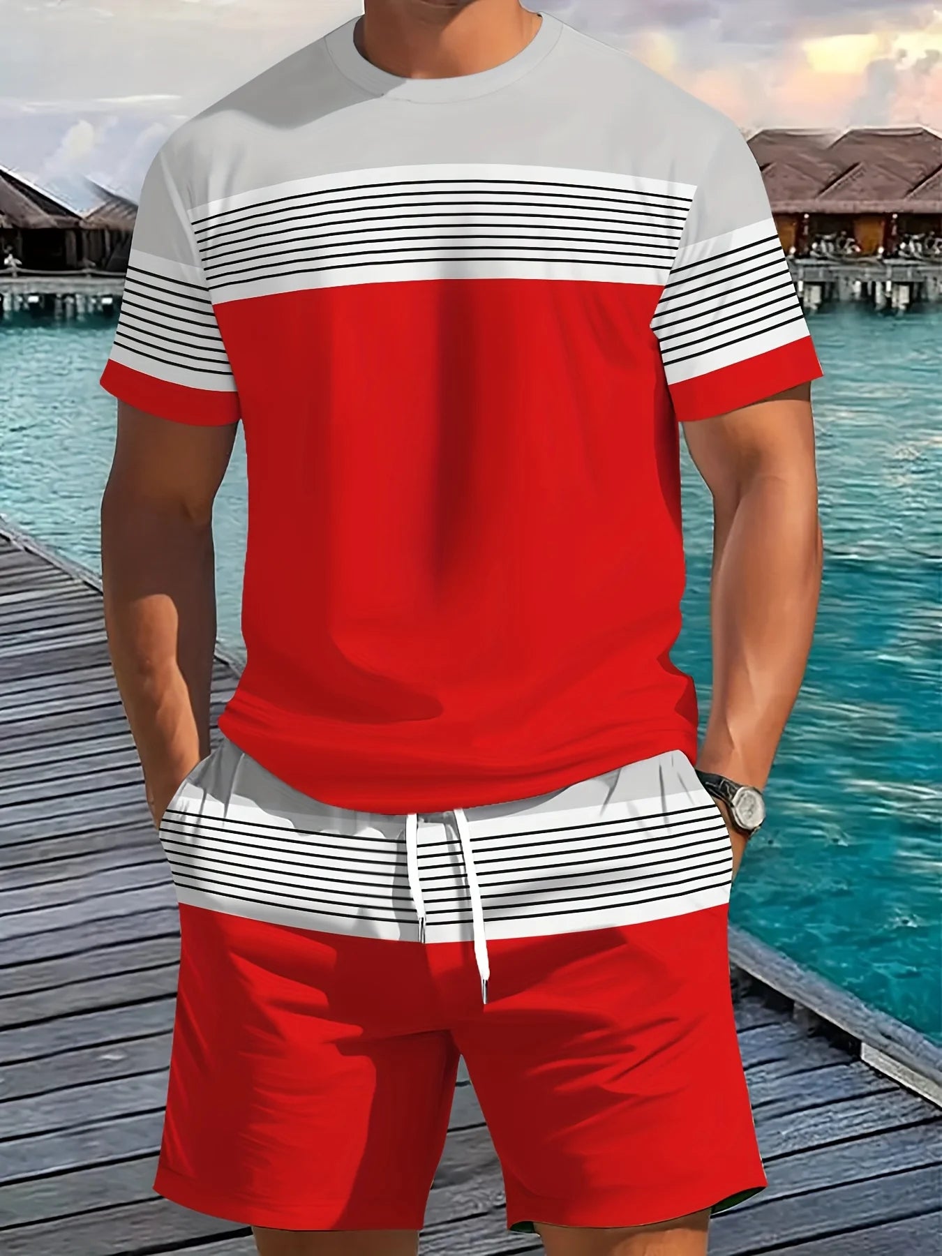 2026 Set da due pezzi casual da uomo di nuovo arrivo estivo 2026 Camicia a maniche corte con stampa a righe e pantaloncini sportivi Set da fitness da uomo