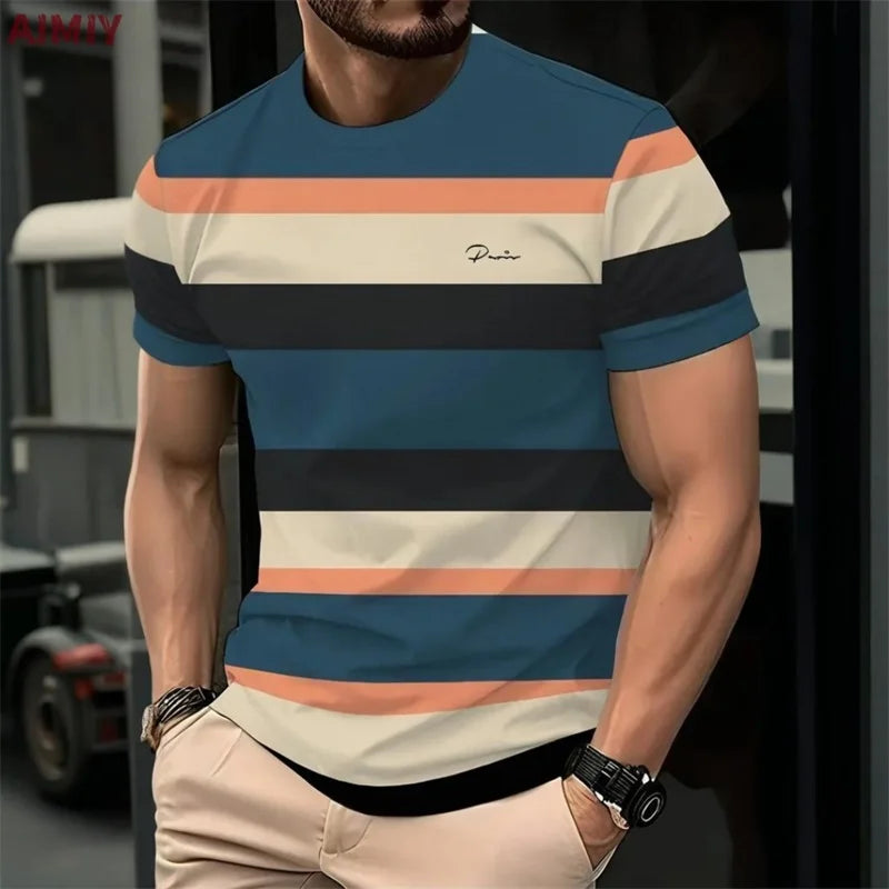 T-shirt stampata a righe da uomo T-shirt estiva casual da esterno girocollo a maniche corte Novità nella maglietta alla moda da uomo