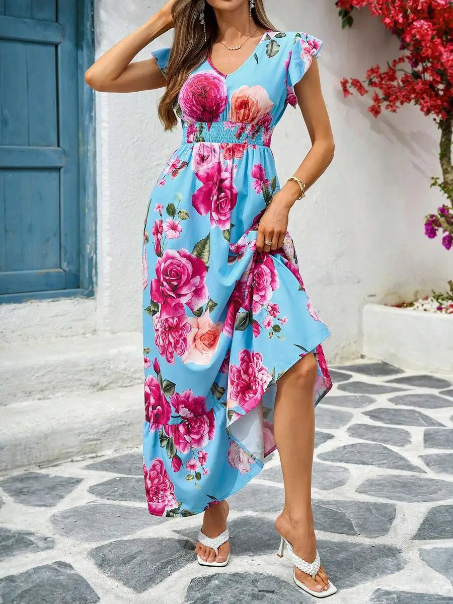 Abito lungo con stampa floreale, maniche a volant e scollo a V, stile estivo per le vacanze