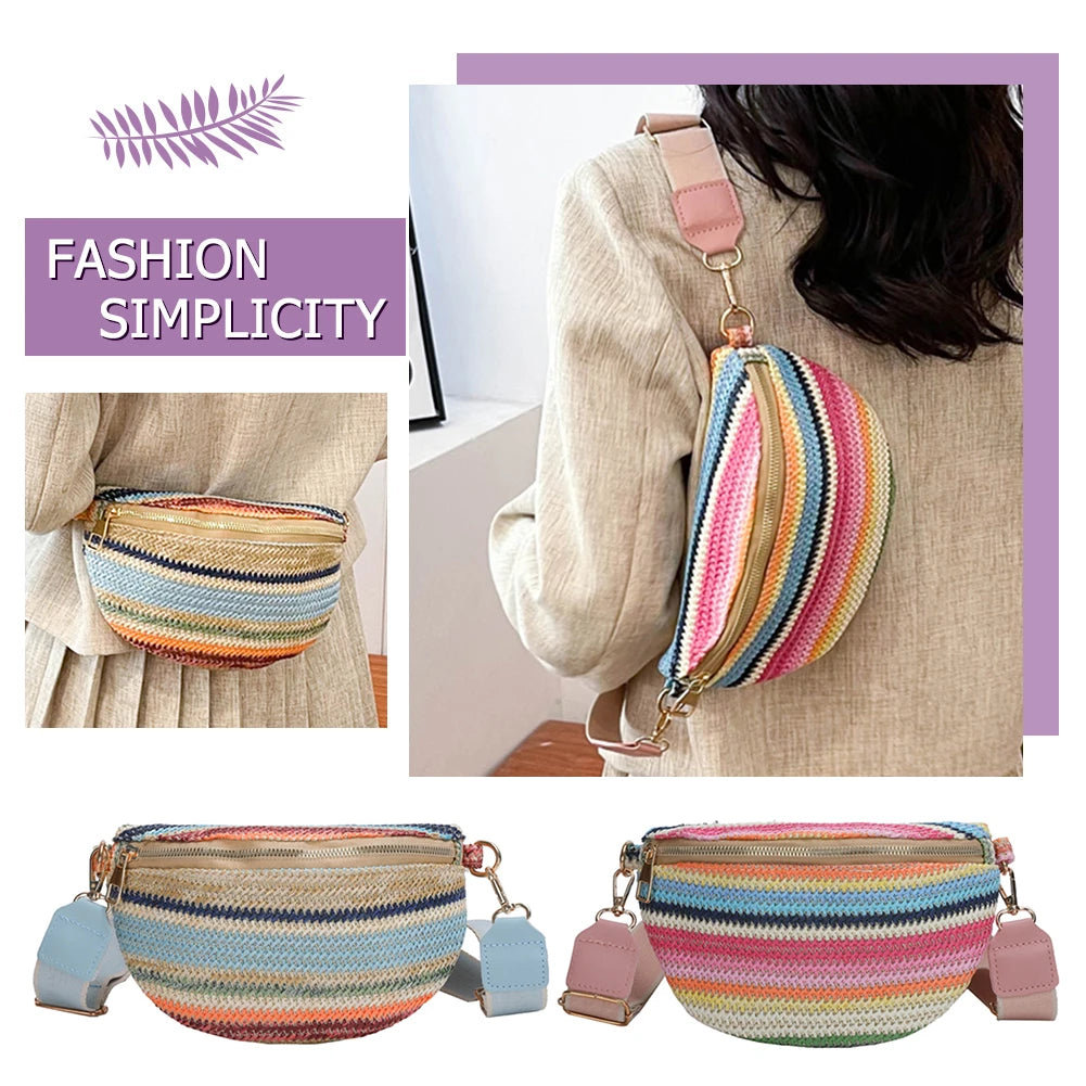 Marsupio a righe arcobaleno, marsupio da donna alla moda, borsa a tracolla intrecciata, casual, con tracolla regolabile, semplice, portatile, colorato, per weekend e vacanze