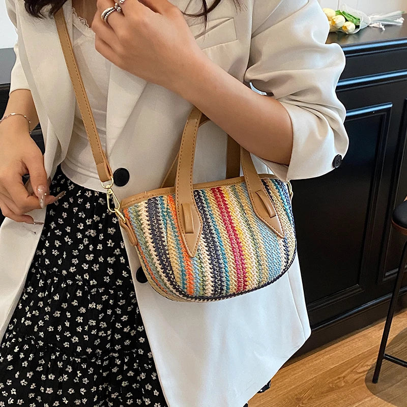 Borsa Mini Tote in Paglia a Righe Bohemien da Donna, Borsa a Tracolla Intrecciata Colorata con Manico Superiore per Viaggi Estivi in Spiaggia