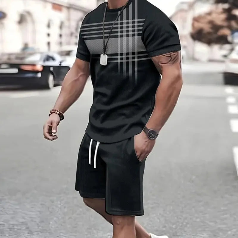 2025 Moda Uomo Abbigliamento sportivo Manica corta Set T-shirt e pantaloncini sportivi Estate Casual Vintage Patchwork Abito da uomo in 2 pezzi