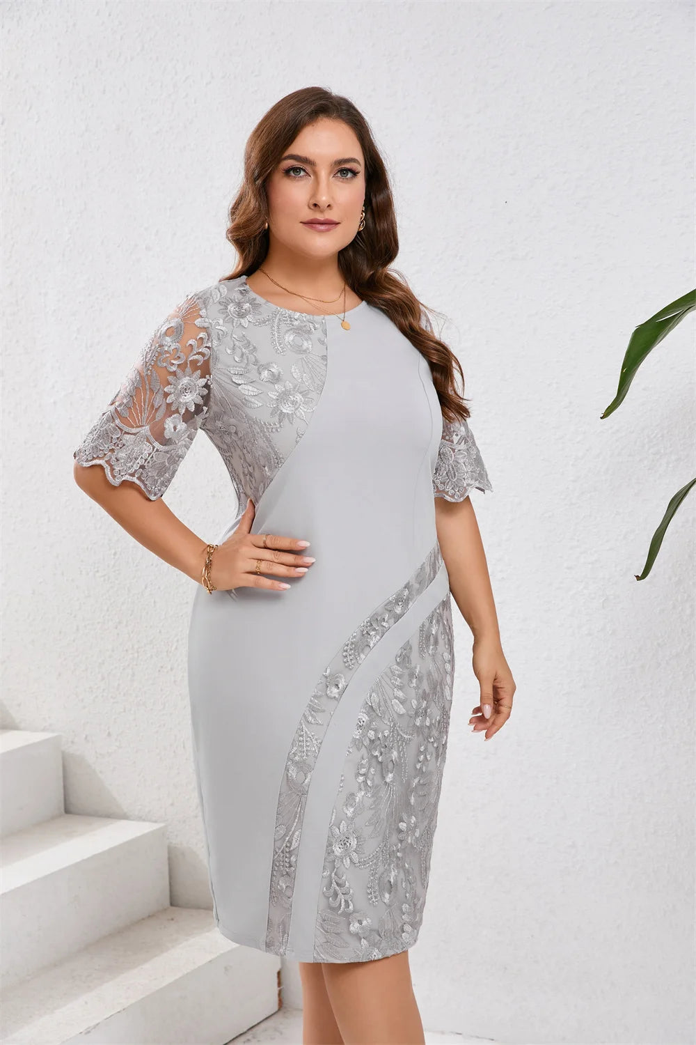 GIBSIE Plus Size Pizzo ricamato Mezza manica O-Collo Abito da donna Estate Autunno Cocktail Party Elegante aderente Abiti longuette