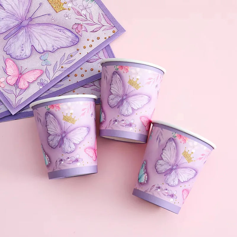 Decorazione per feste con farfalla viola, piatti di carta usa e getta, tovaglioli, tazze, set di stoviglie in paglia per la festa di compleanno con farfalla