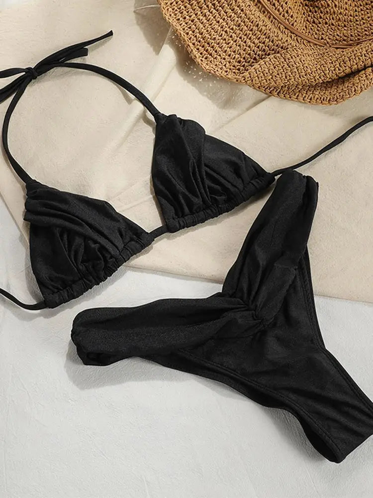 Costume da bagno bikini con pieghe sexy Micro bikini solido Costume da bagno donna Triangolo femminile Costume da bagno da spiaggia