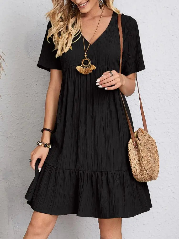 Elegante solido scollo A V A Line Dress 2024 nuova estate Ruffles allentato Mini abito Casual manica corta Beach Party Vestidos Streetwear