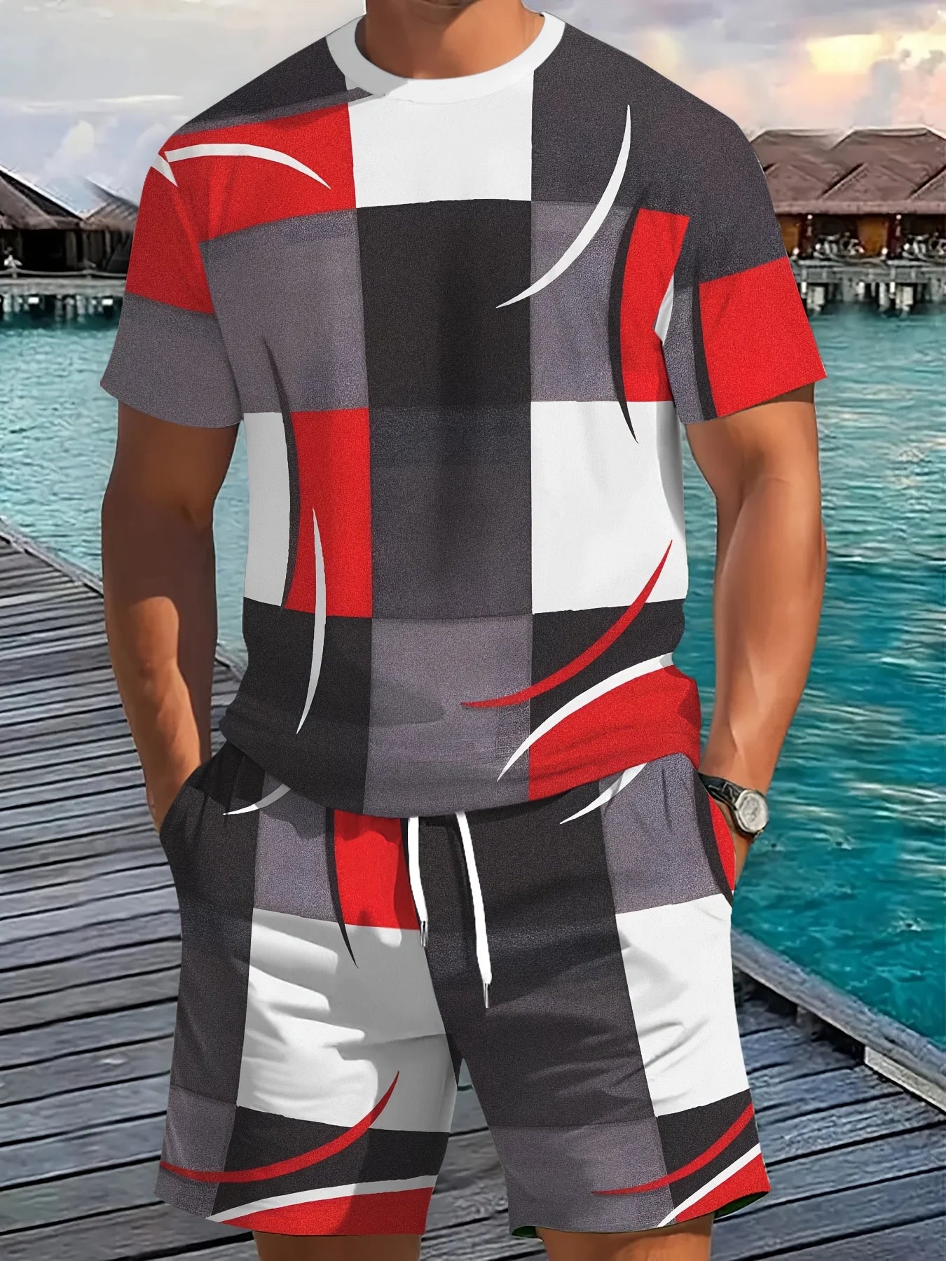 2026 Set da due pezzi casual da uomo di nuovo arrivo estivo 2026 Camicia a maniche corte con stampa a righe e pantaloncini sportivi Set da fitness da uomo