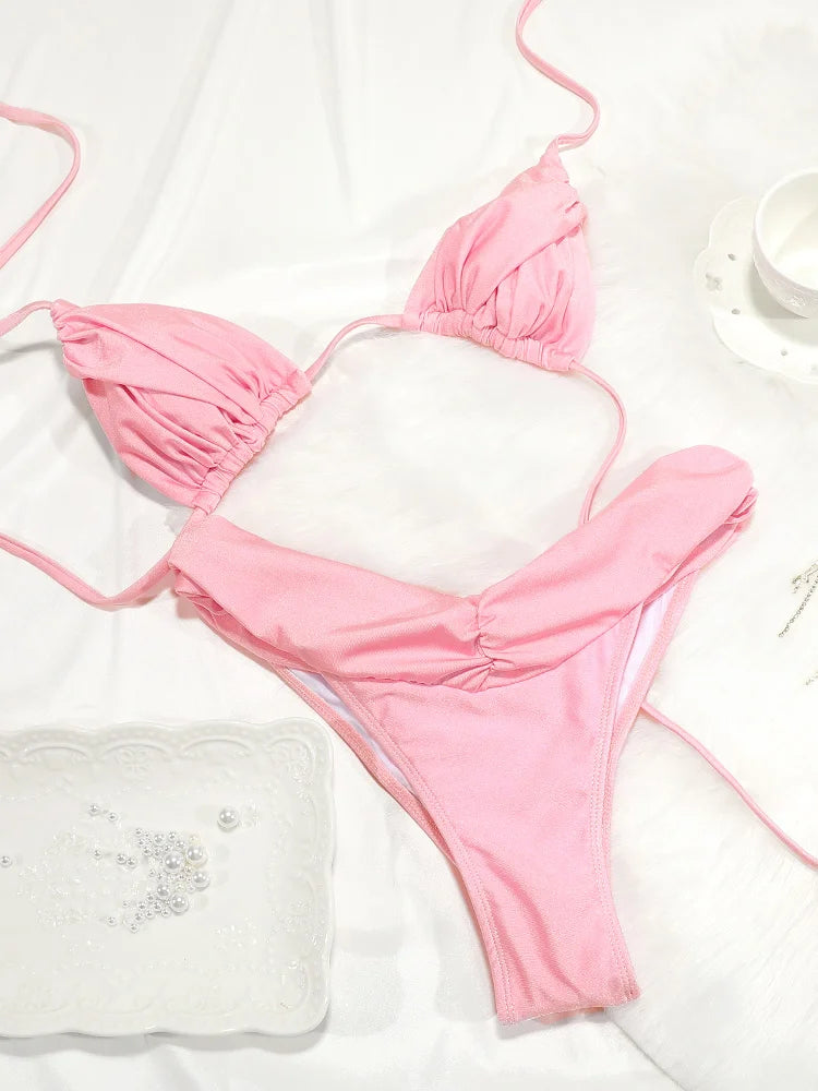 Costume da bagno bikini con pieghe sexy Micro bikini solido Costume da bagno donna Triangolo femminile Costume da bagno da spiaggia