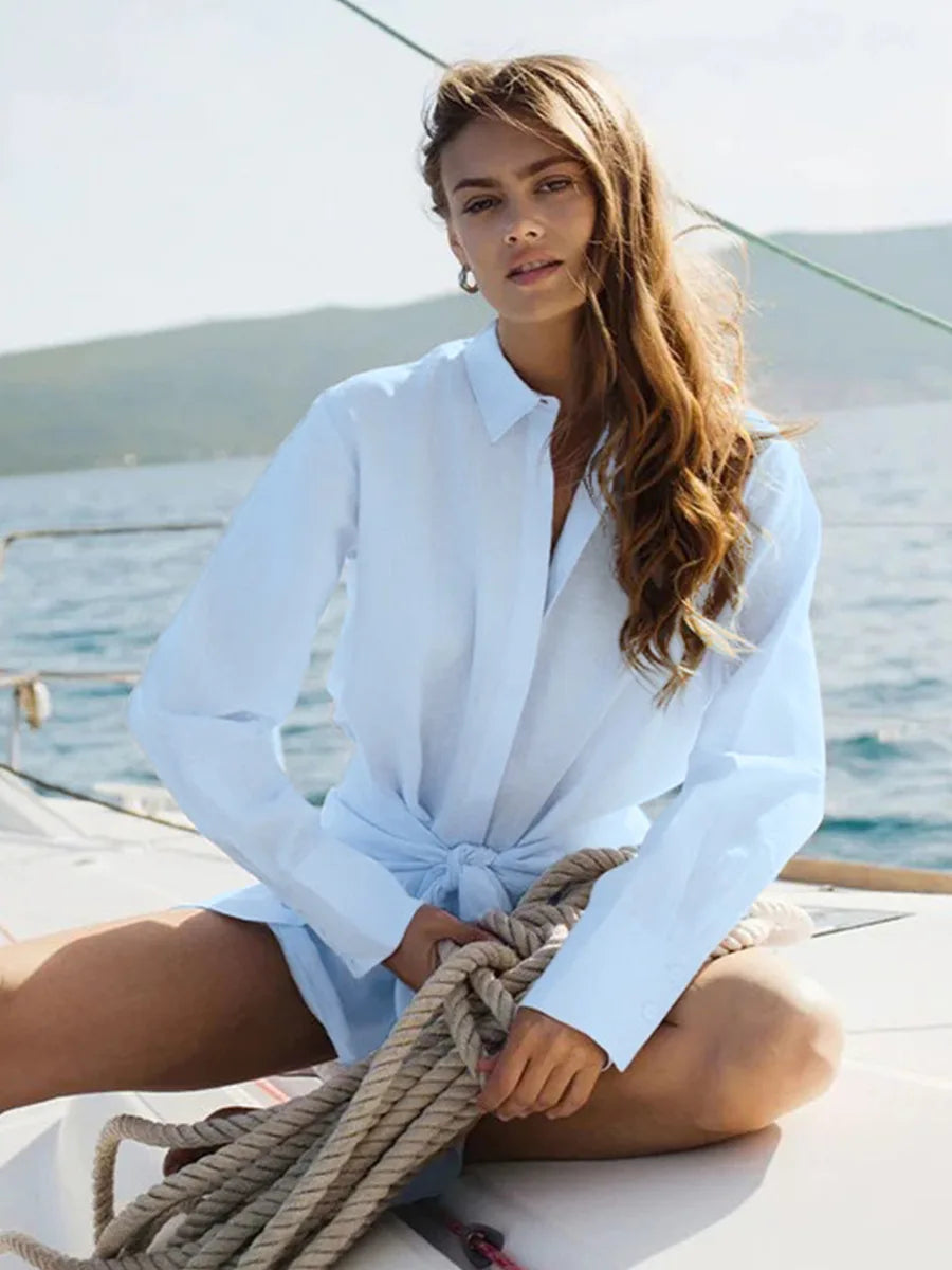 Abito chemisier casual da donna tinta unita con lacci, estivo, con risvolto, maniche lunghe, bottoni, mini abito plissettato, copricostume da spiaggia, outfit per vacanze 2026