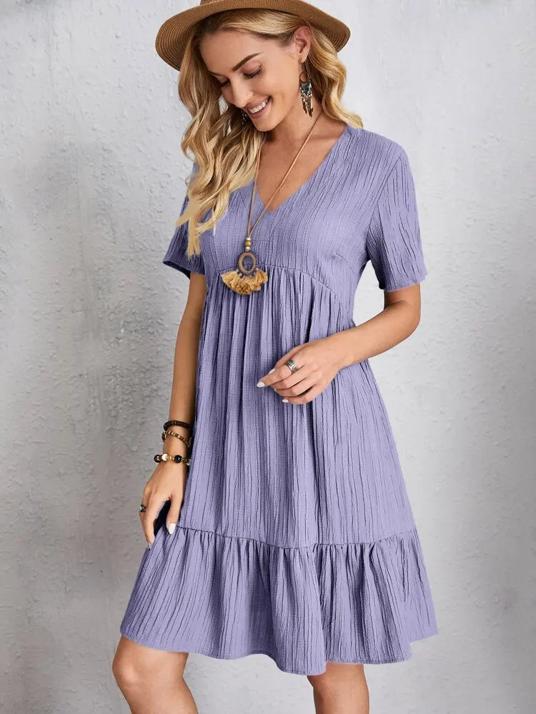Elegante solido scollo A V A Line Dress 2024 nuova estate Ruffles allentato Mini abito Casual manica corta Beach Party Vestidos Streetwear
